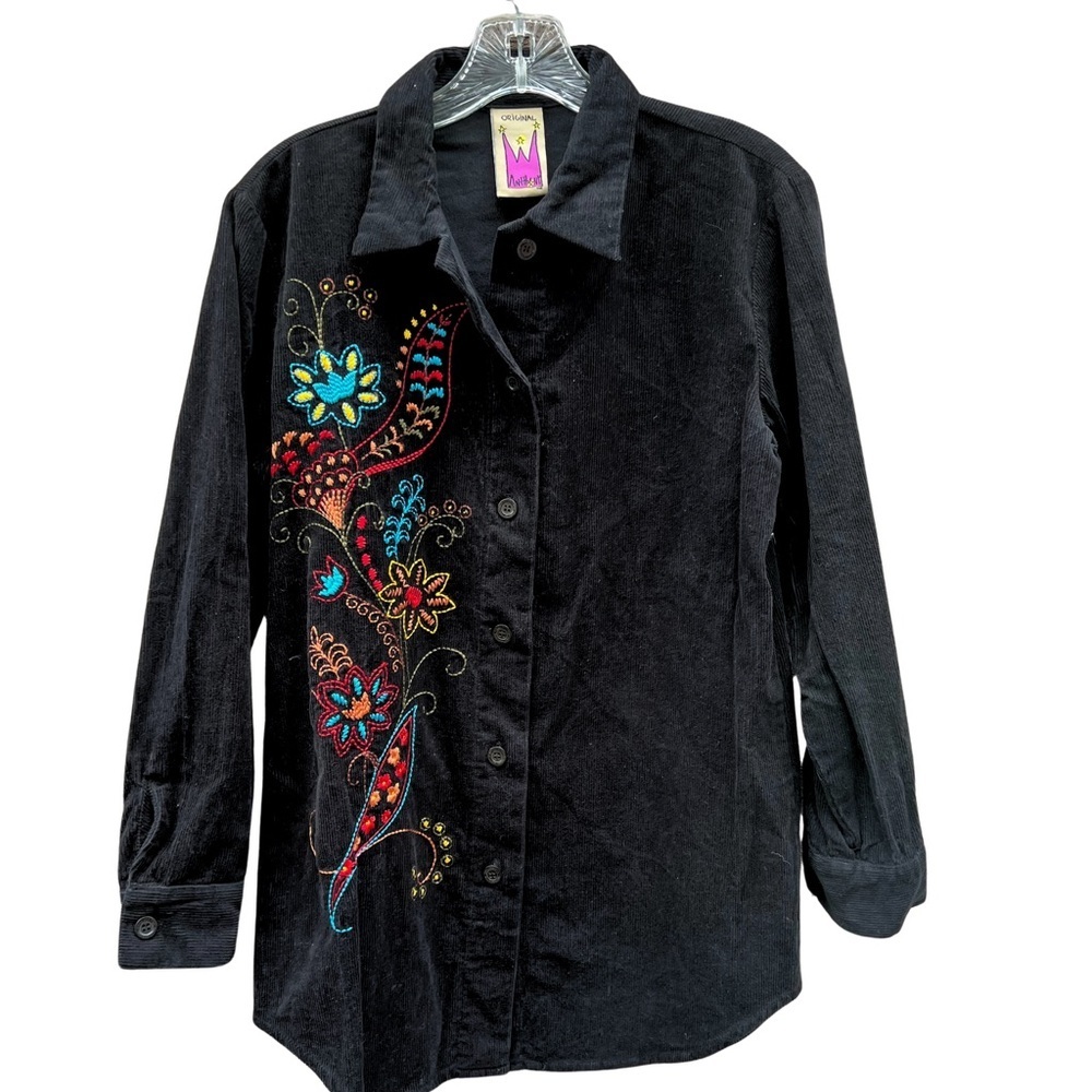 Vintage Anthony Original Black Corduroy Y2K Embroidered Button Down Shirt Sz‎ XS